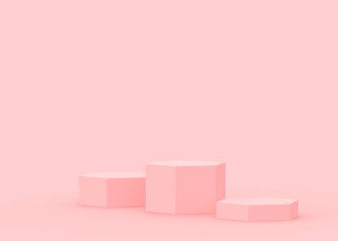 Soyut 3d pembe altıgen podyum minimum stüdyo arkaplanı. 3 boyutlu geometrik şekil çizimi. Kozmetik moda ve sevgililer günü ürünü. 