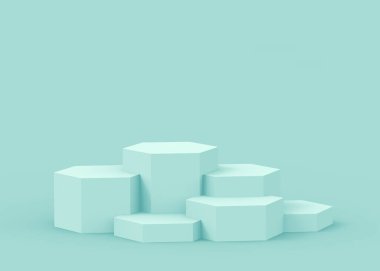 3D mavi altıgen kürsüsü stüdyo arka planı. Soyut 3d geometrik şekil çizimi. Teknoloji tıbbi ve bilimsel ürünler için görüntüleme.