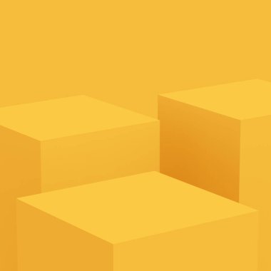 3D sarı podyum sahnesi stüdyo arkaplanı çok az. Soyut 3d geometrik şekil çizimi. Yaz tatili ürünleri için görüntü.