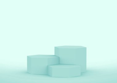 3D mavi altıgen kürsüsü stüdyo arka planı. Soyut 3d geometrik şekil çizimi. Teknoloji tıbbi ve bilimsel ürünler için görüntüleme.