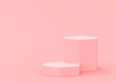 Soyut 3d pembe altıgen podyum minimum stüdyo arkaplanı. 3 boyutlu geometrik şekil çizimi. Kozmetik moda ve sevgililer günü ürünü. 