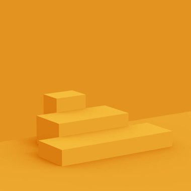 3D sarı podyum sahnesi stüdyo arkaplanı çok az. Soyut 3d geometrik şekil çizimi. Yaz tatili ürünleri için görüntü.