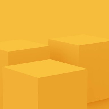 3D sarı podyum sahnesi stüdyo arkaplanı çok az. Soyut 3d geometrik şekil çizimi. Yaz tatili ürünleri için görüntü.