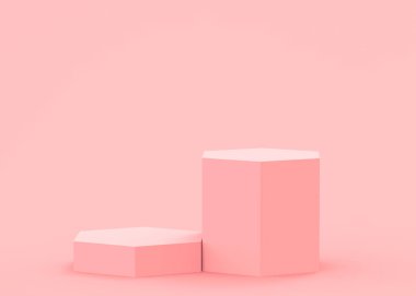 Soyut 3d pembe altıgen podyum minimum stüdyo arkaplanı. 3 boyutlu geometrik şekil çizimi. Kozmetik moda ve sevgililer günü ürünü. 