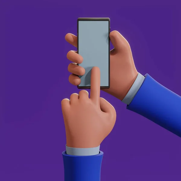 3d cartoon hand holding a smartphone, plasticine style — стоковое фото