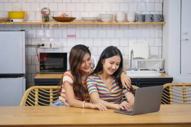 lgbtq lgbt konsepti homoseksüellik iki güzel kadın birbirlerine sevgilerini ifade ederek rahat evlerinde dizüstü bilgisayar oynuyorlar..