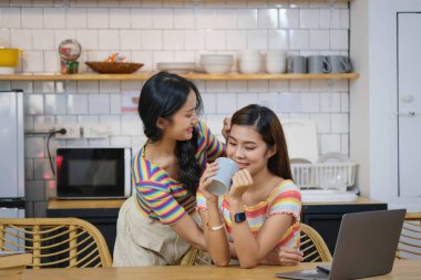 lgbtq lgbt konsepti homoseksüellik iki güzel kadın birbirlerine sevgilerini ifade ederek rahat evlerinde dizüstü bilgisayar oynuyorlar..