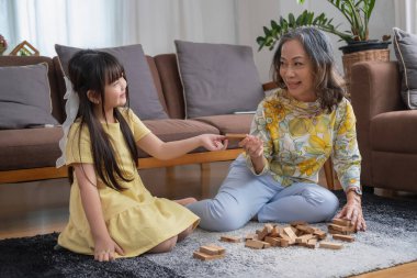 Büyükanne ve torun oyun oynuyorlar. Blockwood Bulmacası Torun ve tatil etkinliği için yetenekler geliştirmek