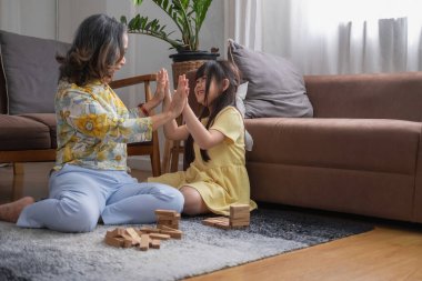 Büyükanne ve torun oyun oynuyorlar. Blockwood Bulmacası Torun ve tatil etkinliği için yetenekler geliştirmek