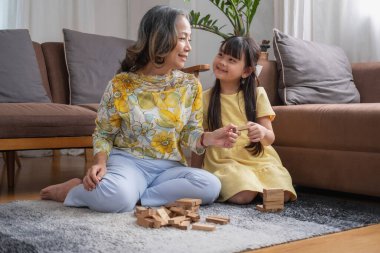 Büyükanne ve torun oyun oynuyorlar. Blockwood Bulmacası Torun ve tatil etkinliği için yetenekler geliştirmek