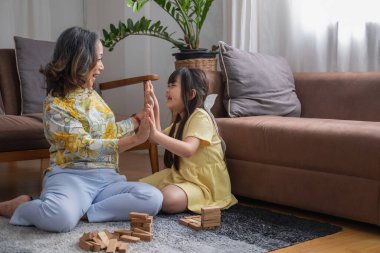 Büyükanne ve torun oyun oynuyorlar. Blockwood Bulmacası Torun ve tatil etkinliği için yetenekler geliştirmek