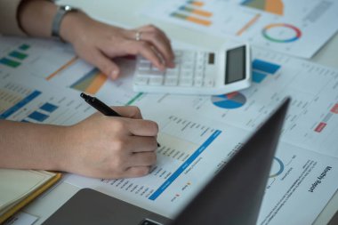 Closeup Portrait of a female accountant using a calculator and laptop to calculate balance using graphs for customers.