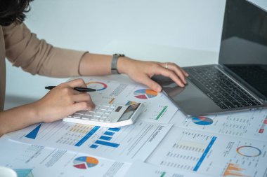 Pazarlama, Finans, Muhasebe, Planlama, İş kadınları, şirketin karlı hale gelmesi için hesap makineleri, bilgisayarlar ve grafikler kullanır..