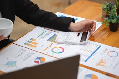 Marketing, Financial, Accounting, Planning, Business women analyze company results and profits with graph statistics. Use a laptop computer and a calculator to calculate the company's balance.