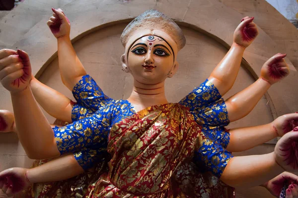 Närbild Ansikte Hindu Gudinnan Durga Med Användning Selektivt Fokus — Stockfoto
