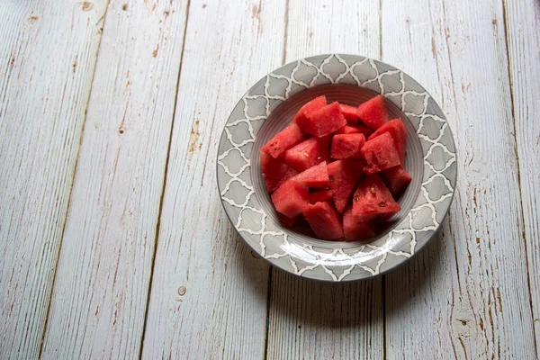 Healthy Fruits Cut Pieces Watermelon Bowl Background — стоковое фото