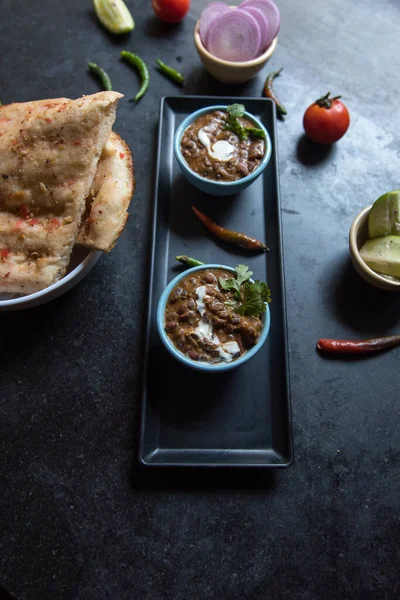 Dal Makhni Black Lentils Soup Served Bowl Condiments View Top — Stock Photo, Image