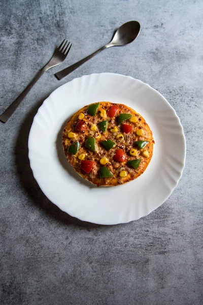 Margherita Pizza White Plate Dark Background Top View Selective Focus — Stock Photo, Image