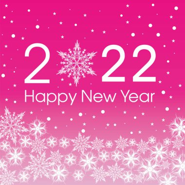 2022 Mutlu Yıllar Kart Şablonu. Patern kar tanelerini beyaz ve mor renkte dizayn et. Vektör illüstrasyonu.