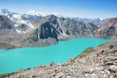 Wonderful mountain landscape, lake, highland, peak, beauty world Picturesque view near Alakul lake in Terskey Alatoo mountains, Tian-Shan, Karakol, Kyrgyzstan