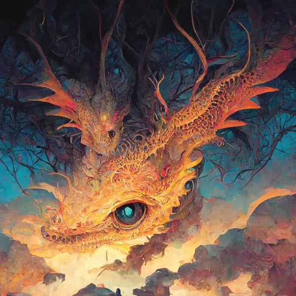 House of dragon. The woman sits at a table in a dragon skin house. Fantasy art digital illustration.