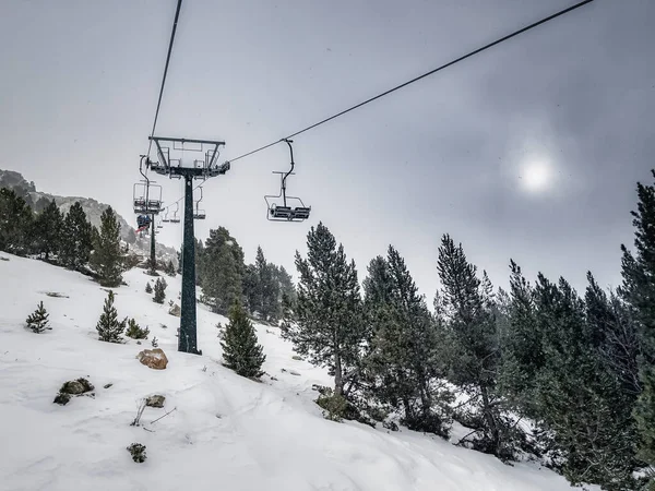 Snowy Landscape Pines Ski Resort Seen Ski Lift Snowy Day Stockbild