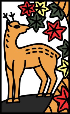 Basit Hanafuda Kannazuki sonbaharının renk çizimi Geyiği terk eder Ekim sonbahar geyikleri