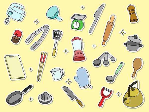 Sticker Style Kitchen Utensil Icon Set — ストックベクタ