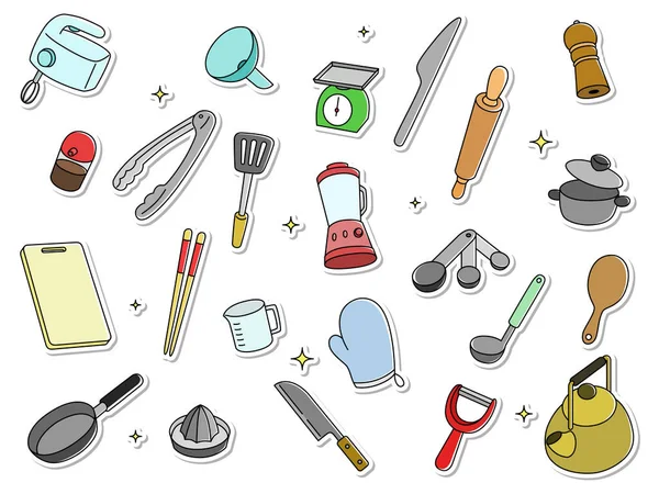 Sticker Style Kitchen Utensil Icon Set Background — ストックベクタ