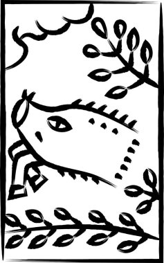 Mini Hanafuda brush-drawn illustration Fumizuki Hagi boar July Hagi and boar