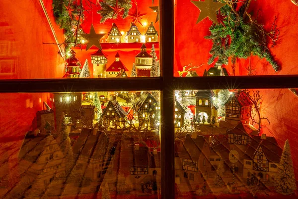 Julskylt Med Leksaker Nattbelysning Rothenburg Der Tauber Bayern Tyskland — Stockfoto