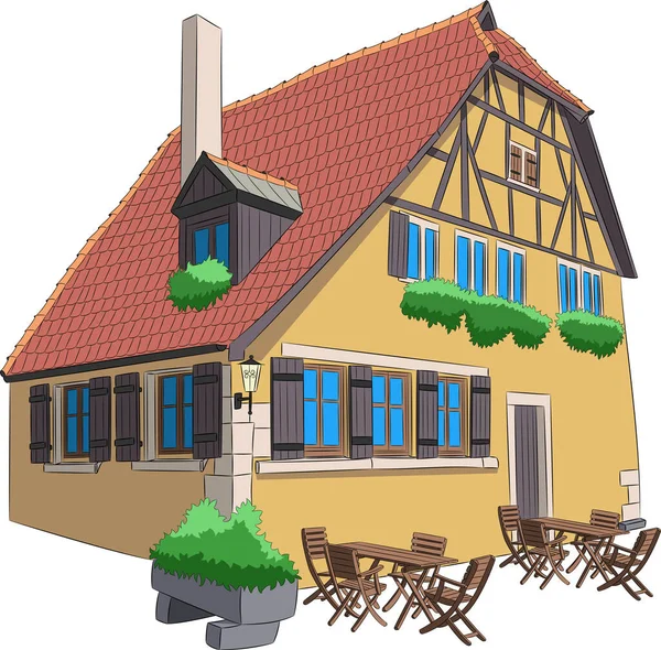 罗森堡的传统半木结构房屋 屋顶铺有瓦片 有室外咖啡馆 矢量说明 — 图库矢量图片