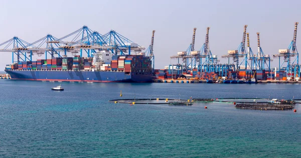 Büyük bir konteyner gemisi Malta kargo limanına yüklenir. — Stok fotoğraf
