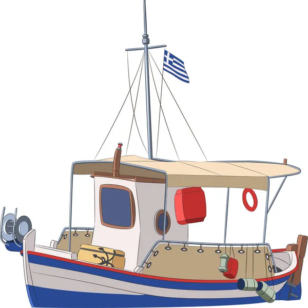 Corfu. Barco de pesca multicolorido com a bandeira grega. — Vetor de Stock