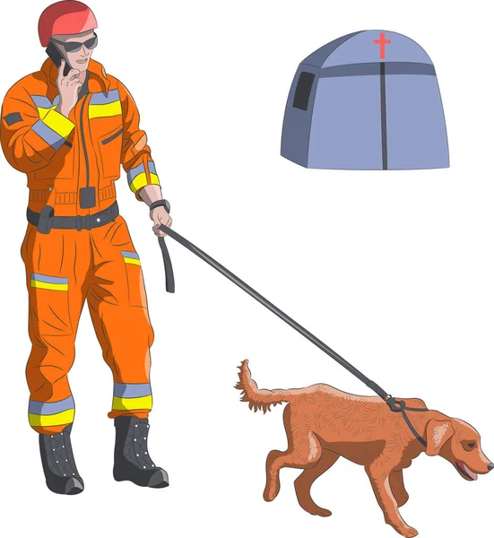 Un hombre rescatador con un uniforme especial con un perro. — Vector de stock