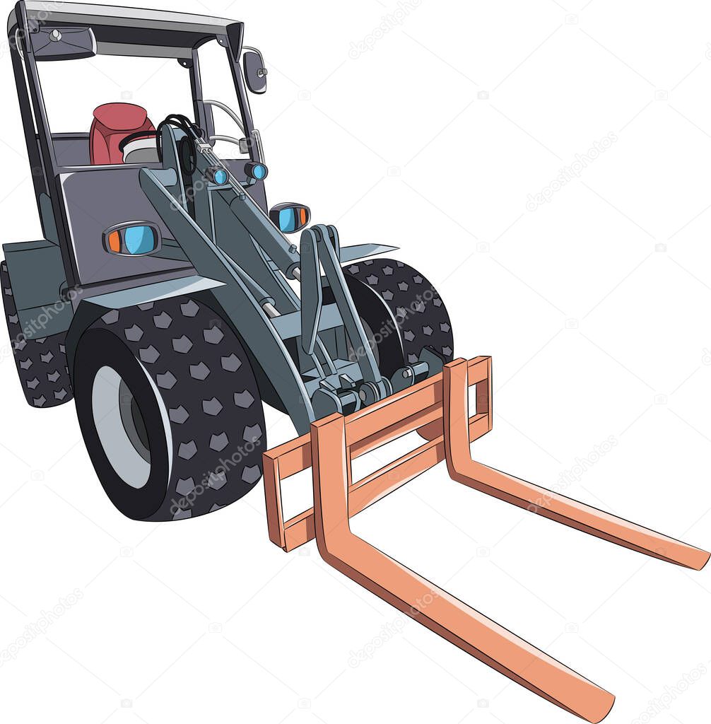 Heavy professional black loader with wide wheels. Vector drawing.