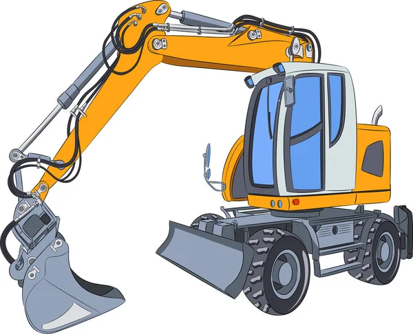 Yellow excavator with a bucket on a wheeled platform. —  Vetores de Stock