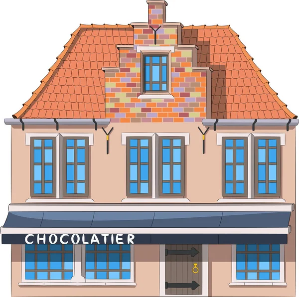 Egy Régi Csokibolt Homlokzata Csempézett Tetővel Verandával Bruges Ben Vektorillusztráció — Stock Vector