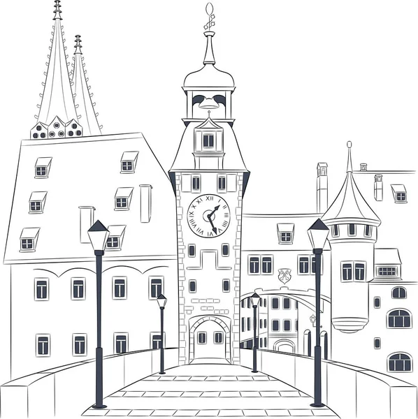 Tyskland. Regensburg. Svart och vit teckning av en gammal stenbro och stadsportar. — Stock vektor