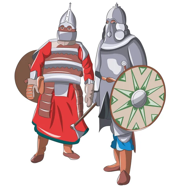 Two men in Scythian armor isolated on white background. — Vettoriale Stock