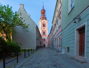Şehrin tarihi kesimindeki ortaçağ evlerinin renkli yüzleri. Poznan Polonya.
