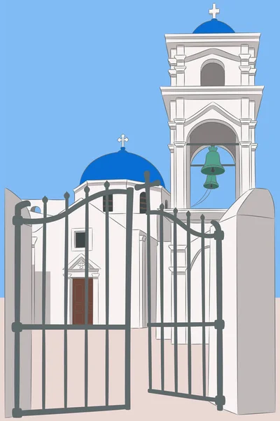 Traditional white Greek church with a bell tower. — Vector de stock