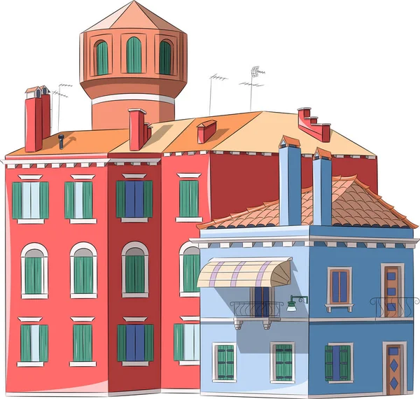 Rumah-rumah tua berwarna-warni tradisional di pulau Burano. Italia. Venice. - Stok Vektor