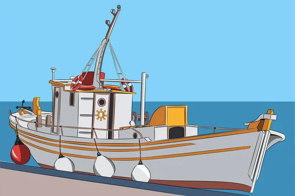Barco Pesca Branco Perto Cais Contra Fundo Mar Ilustração Vetorial — Vetor de Stock