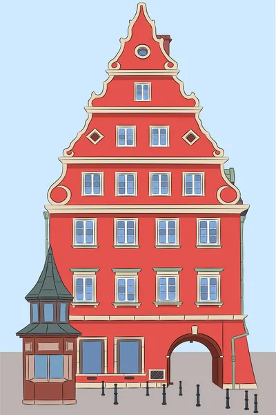 市集广场上漂亮的中世纪红色房子 恶臭爪 矢量说明 — 图库矢量图片