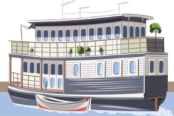 Una Gran Casa Flotante Convertida Viejo Vapor Con Barco Amarrado — Vector de stock