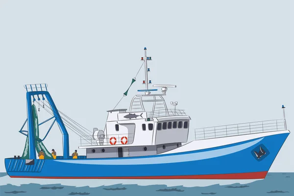 Fishing Vessel Conducts Industrial Fishing Sea Vector Illustration — Stockvector