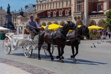 Krakow, Polonya - 18 Temmuz 2022: Güneşli bir günde şehir turuna çıkan turistler.
