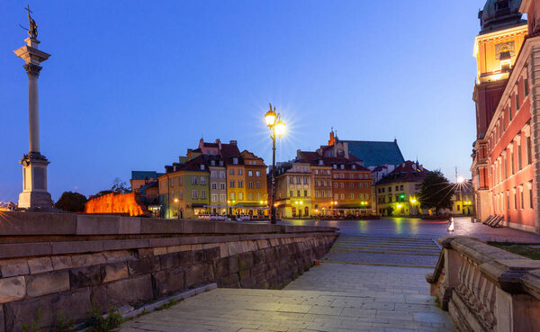 Scenic view of the castle square at dawn. Warsaw. Poland.