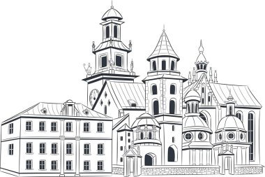 Towers and facades of medieval buildings in the historical center of Krakow. Vector illustration.